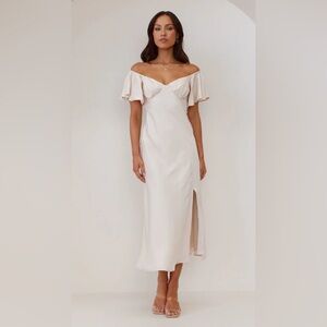 NWT Satin Off Shoulder Champagne Butterfly Sleeve Cocktail Formal Split Dress, 8